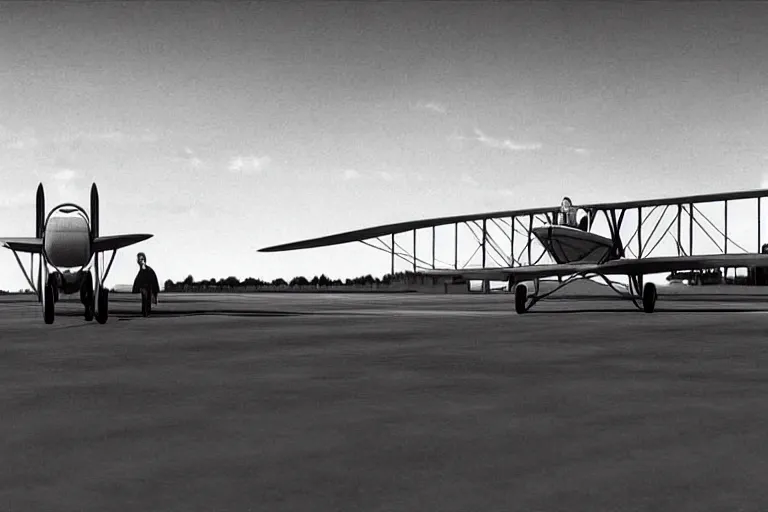 Image similar to still photo of the wright brothers taking off an airplane for the first time, black and white color photograph, highly detailed, photorealistic shot, bright studio setting, studio lighting, crisp quality and light reflections, unreal engine 5 quality render