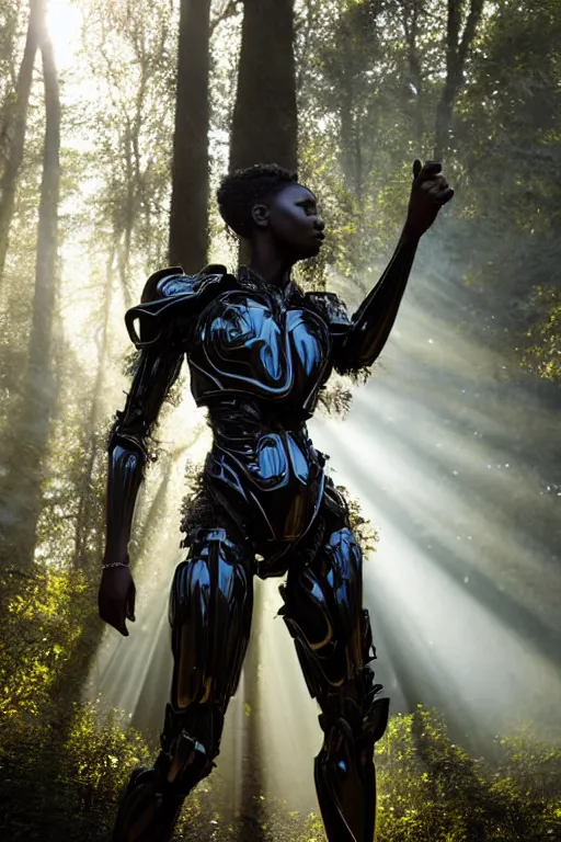 Image similar to hyperrealistic very beautiful black woman, highly detailed exoskeleton armor in a forest, sun behind her soft god rays, concept art eric zener elson peter, dramatic light low angle hd 8k sharp focus