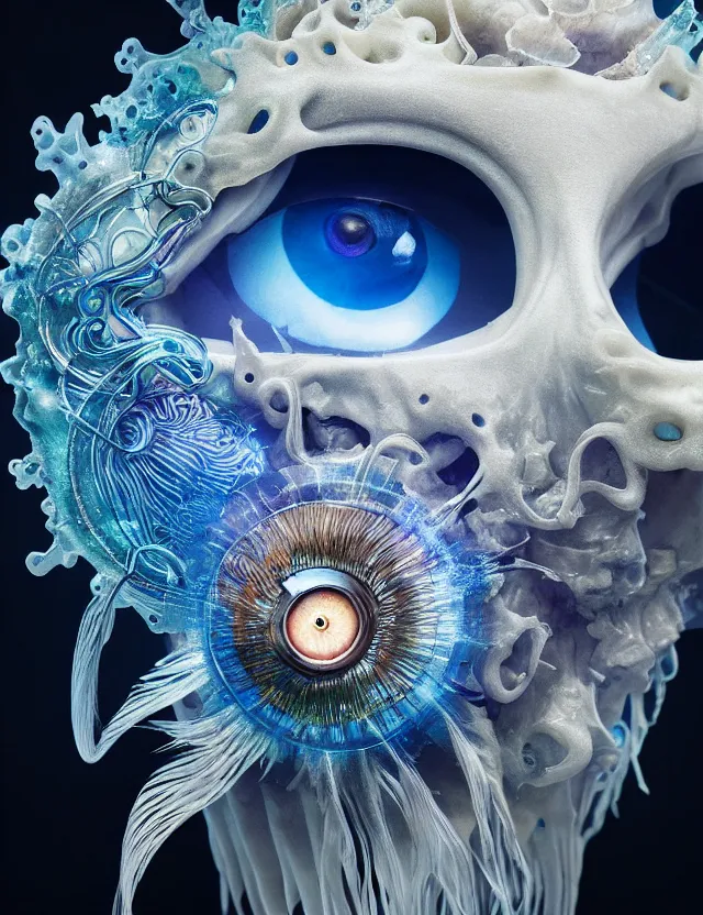 Image similar to eye of god macro close - up portrait with mask made of ram skull. betta fish, jellyfish phoenix, bioluminiscent, plasma, ice, water, wind, creature, super intricate ornaments artwork by tooth wu and wlop and beeple and greg rutkowski