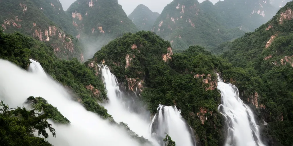 Image similar to Cloudy peaks in southern China with a waterfall, the style of National Geographic magazine