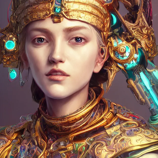 Image similar to studio portrait of lawful good colorful female holy mech paladin as absurdly beautiful, elegant, young sensual pretty woman, ultrafine hyperrealistic detailed face illustration by kim jung gi, irakli nadar, intricate linework, sharp focus, bright colors, matte, octopath traveler, final fantasy, unreal engine highly rendered, global illumination, radiant light, intricate environment