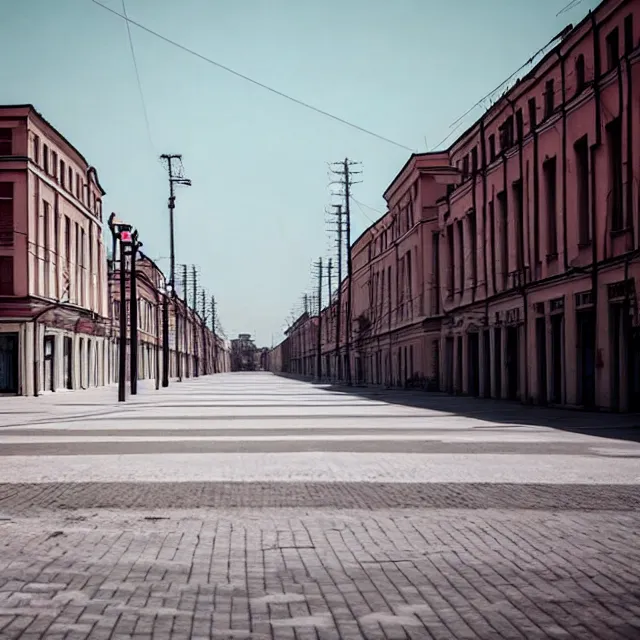 Prompt: empty town street with identical soviet buildings. perfect grass lawn instead of asphalt. without trees. cinematic