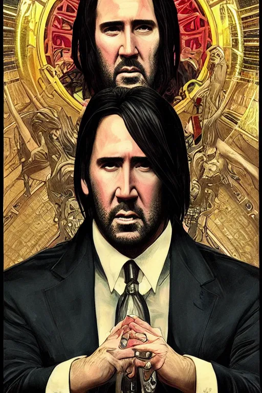 Image similar to a dramatic ethereal epic painting of nicolas cage as john wick | tarot card, art deco, art nouveau, realistic | deatiled face, dramatic lighting | by Dresden Codak, by Mark Maggiori and Alphonse Mucha | trending on artstation