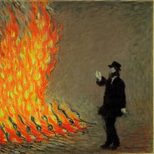 Prompt: of a man burning on fire on the stage during an opera by claude monet