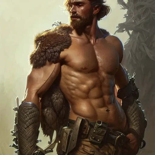 Image similar to Rugged ranger, male, man, D&D, muscular thighs, fantasy, intricate, elegant, highly detailed, digital painting, artstation, concept art, smooth, sharp focus, illustration, art by artgerm and greg rutkowski and alphonse mucha