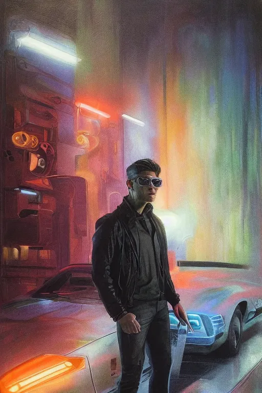 Prompt: a detailed full bodied matte portrait of jensen ackles as time traveler stepping out of a futuristic neon colored car, holding a milkor mgl, wearing glowing neon shuttered 1 9 8 0 s glasses!!!!, aetherpunk, masterpiece, 8 k, art by greg rutkowski and albert bierstadt and arthur rackham and alphones mucha