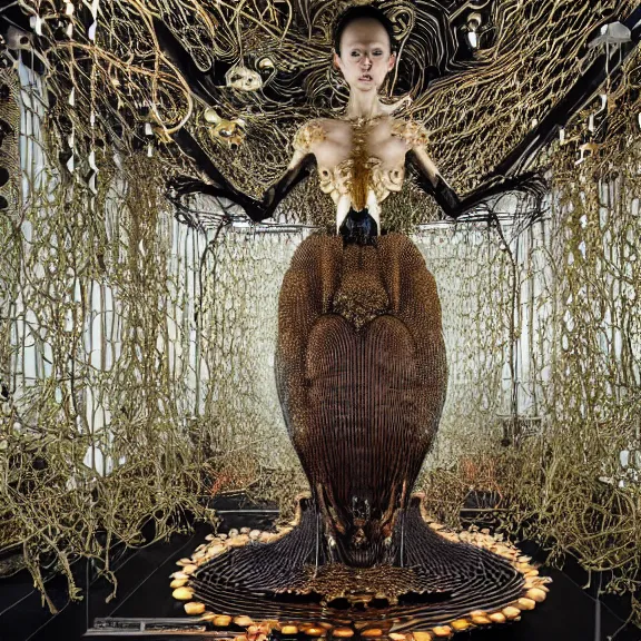 Image similar to symmetric frame from Prometheus, biomechanical gaia, by guo pei and alexander mcqueen metal couture editorial, in mycelium macro mushroom hanging garden by giger by utagawa kuniyoshi by Yuko Shimizu