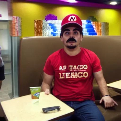 Image similar to mario having a panic attack in taco bell