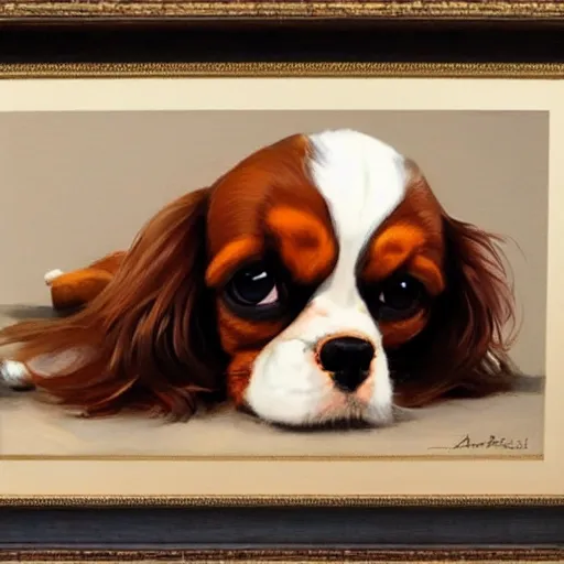 Image similar to a cavalier king charles spaniel who is really bored, tired, lying on a sofa with pillows, oil on canvas, by artgerm and greg rutkowski