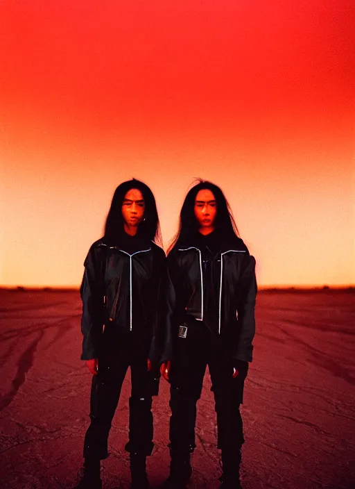 Image similar to cinestill 5 0 d photographic portrait of two loving clones, women wearing rugged black techwear on a desolate plain with a red sky, extreme closeup, diverse species, cyberpunk, in front of a brutalist dark metal facility, dust storm, 3 5 mm, 8 k, f / 3 2, high resolution, ultra realistic faces, beautiful