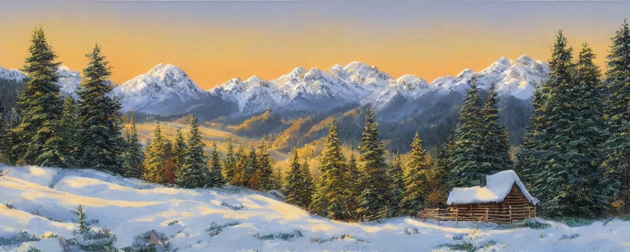 Image similar to landscape with a cabin in the woods, golden hour, snowcapped mountains in the distance with rolling hills covered in snow, evergreen trees painted by bob ross