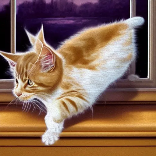 Prompt: cream color maine coon cat chasing a ball in a sunlit bedroom, bay window sofa, high energy, by Jeff Easley