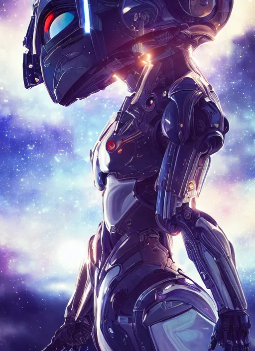 Image similar to photo of a cyborg girl on a space ship, warframe armor, beautiful face, scifi, nebula reflections, stars, professionally color graded, 8 k high definition, insanely detailed, intricate, innocent, art by akihiko yoshida and artgerm
