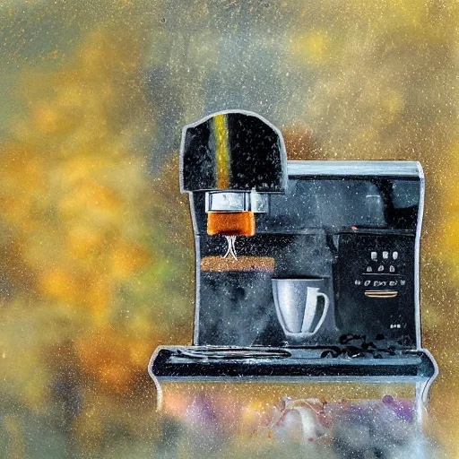 Prompt: Coffee machine pouring into clouds raining coffee impressionism