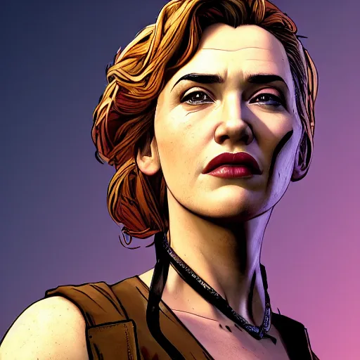 Image similar to kate winslet portrait, borderlands, tales from the borderlands, the wolf among us, comic, cinematic lighting, studio quality, 8 k