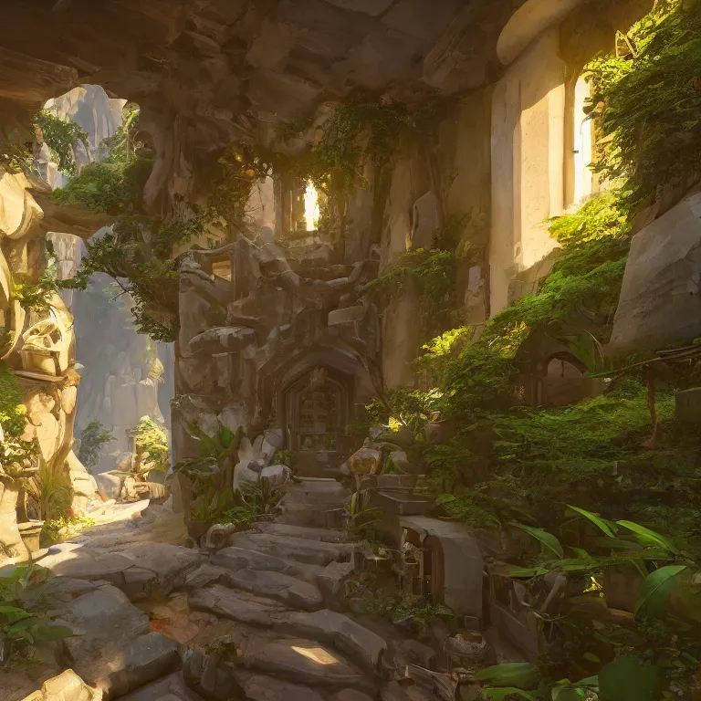 Image similar to secret overwatch hallway for living quarters carved inside a mountain surrounding a lush garden, trimmed, magical, natural light, clean lines, cozy, fantasy, minimalist architecture, sharp focus, concept art, by greg rutkowski and craig mullins,, octane render 8 k