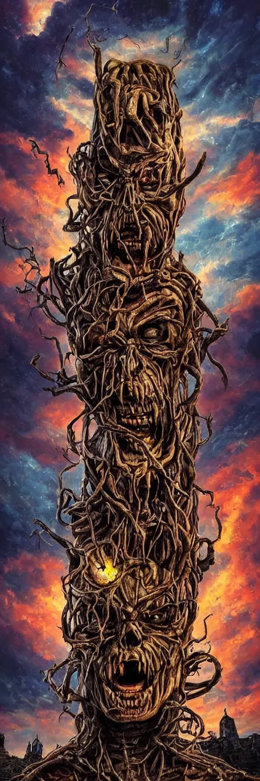 Prompt: Epic realistic poster of the very extremely detailed face and body of Eddie the Head from Iron Maiden art magnificently lit by supernatural weather while raging at the vibrant sky on a very steep hilltop at the center of an endless eerie graveyard