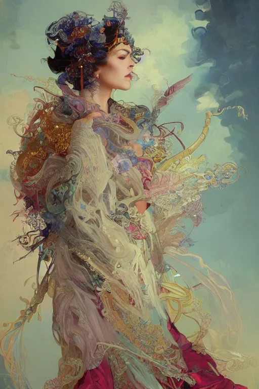 Prompt: a beautifull intricate painting of a beatifull woman portrait, wearing a feathered cloak surrounded by ornate tendrils, flying silk, internse colors, hyper detailed, artstation, concept art, by peter mohrbacher, by wlop, by ruan jia, by alphonse mucha