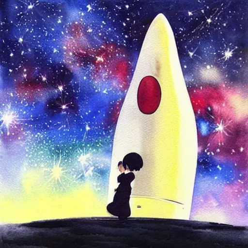 Prompt: awe-inspiring painting of a rocketship launching, a beautiful young woman clings to it tightly, galaxies and stars in the background, realistic anime abstract watercolor art by Hayao Miyazaki