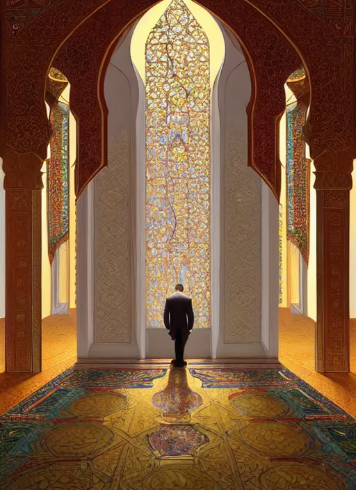 Prompt: vladimir putin praying in the mosque, intricate, elegant, highly detailed, my rendition, digital painting, artstation, concept art, smooth, sharp focus, illustration, art by artgerm and greg rutkowski and alphonse mucha and uang guangjian and gil elvgren and sachin teng,