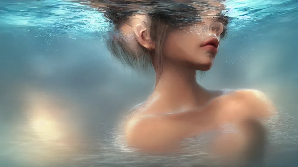 Image similar to a centered wide shot soft painting render of an single lonely transparent nymph in the ocean underwater environment, omnious, elegant, reflections, focus, detailed, realistic eyes, horizontal partial symmetry features proportions, intricate facial skin details, award winning, trending in cgsociety artstation deviant art, octane render