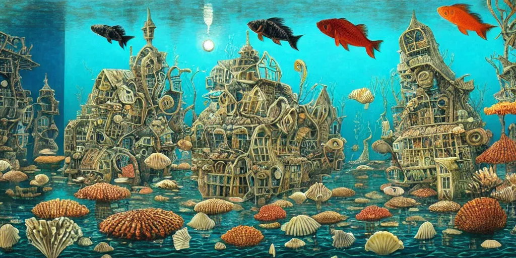 Image similar to underwater city inside!! the seashell, seaweed, corals, carps, koi fish, small scandinavian!!! houses, little people!!!, by jacek yerka by levitan, surrealistic painting, masterpiece, oil painting, sharp focus, highly detailed, intricate, smooth, 8 k,