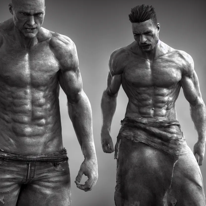 Image similar to a single muscular man wearing torn clothes, looking to the right, profile picture, hyperrealistic, concept art, octane render, unreal engine 5, trending on artstation, high quality, highly detailed, 8 k, dramatic lighting, cinematic, high coherence, anatomically correct, five fingers, digital art, seductive, black and white