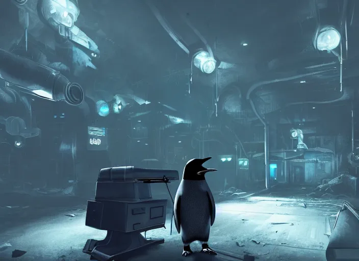 Image similar to cyber penguin in fallout 4, horror scene, artgerm, rutkowski, tooth wu, beeple, and intricate