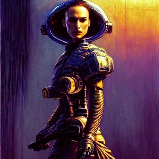 Image similar to natalie portman as cyberpunk samurai, atmospheric lighting, painted, intricate, blue and golden hour, ultra detailed by peter gric, giger, enki bilal