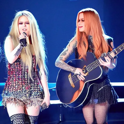 Image similar to Avril Lavigne and Demi Lovato preforming live on stage at the Grammys, high quality, HD, 4k, 8k