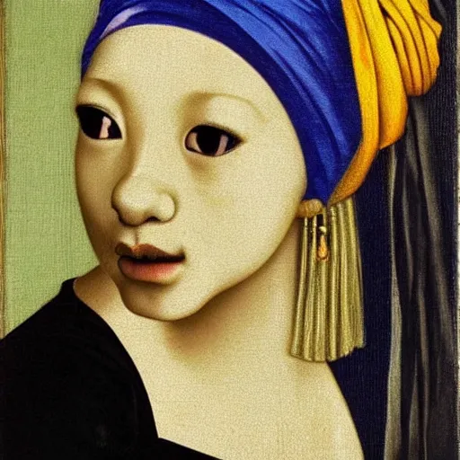 Image similar to portrait of a shiba inu wearing an exotic dress, an oriental turban, and what appears to be a very large pearl as an earring. in the style of girl with a pearl earring by johannes vermeer