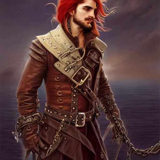 Image similar to male airship pirate, D&D, handsome, side profile, fantasy, intricate, long hair, leather coat, airship, steampunk, red hair, elegant, highly detailed, digital painting, artstation, concept art, smooth, sharp focus, illustration, art by artgerm and greg rutkowski and alphonse mucha