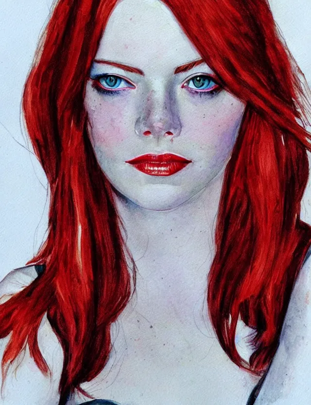 Image similar to portrait of a young emma stone as the scarlet witch, beautiful eyes, long black hair, aquarelle, realistic painting, freckles, 1 / 4 headshot