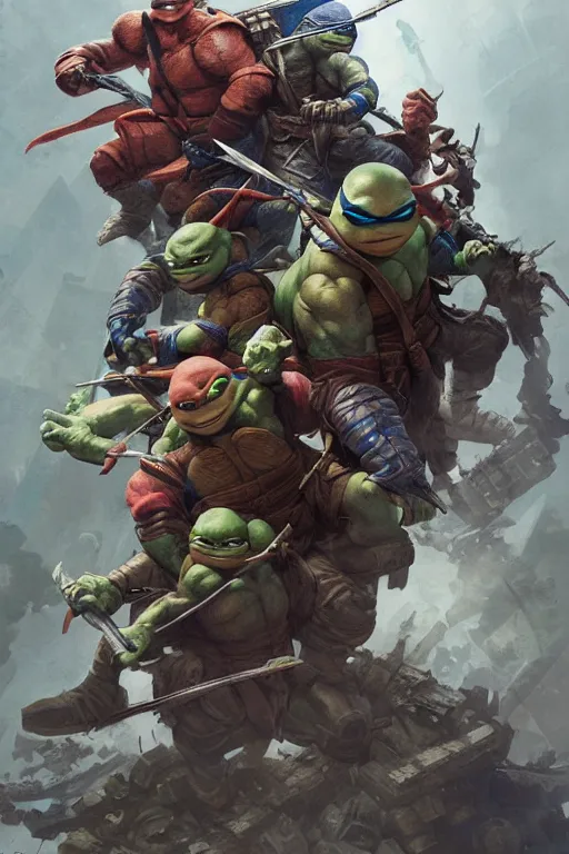 Prompt: teenage mutant ninja turtle, Leonardo, marvel, dark, intricate, highly detailed, smooth, artstation, digital illustration by Ruan Jia and Mandy Jurgens and Artgerm and Wayne Barlowe and Greg Rutkowski and Zdislav Beksinski