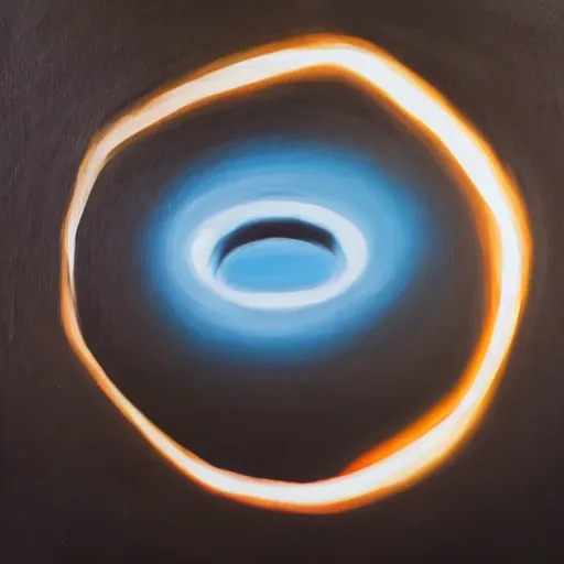 Image similar to a dark oil painting of a glowing blue ring floating in a black sky