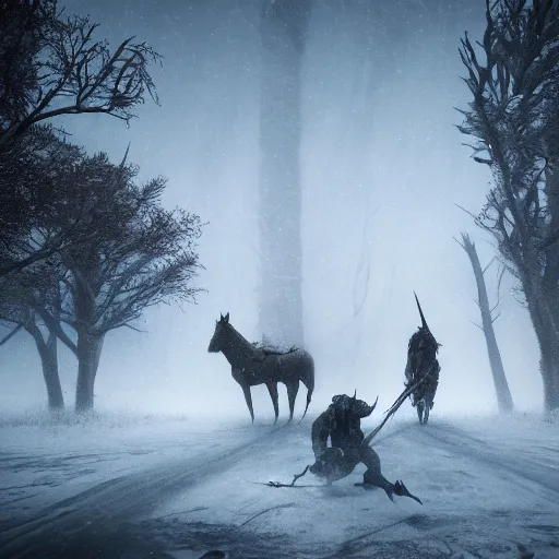 Image similar to the wild hunt, wraiths riding in the sky, spectres, mythical creatures in undead nightmare, bad omen, aflutter enchanted forest, dauntless witchers pursuing, blizzard storm, fog, full moon, snowy environment, hyperrealism, atmospheric, cinematic, breathtaking, award winning, groundbreaking, octane render, unreal 5, intricate digital art, 8 k