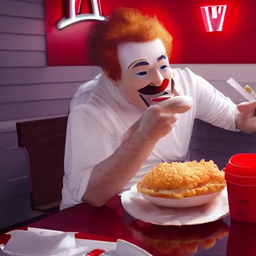 Image similar to A still of Ronald McDonald eating at KFC, 4k, photograph, ultra realistic, highly detailed, studio lighting