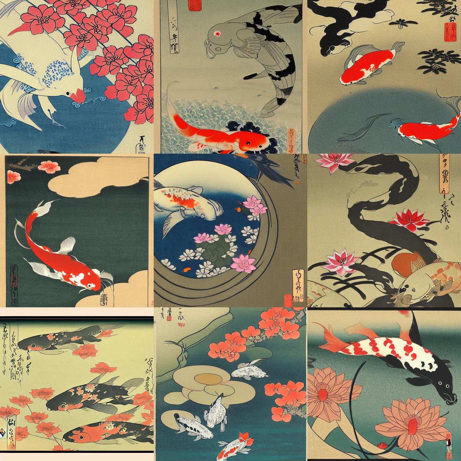 Prompt: a painting of a koi pond, flowers and a bird flying over a koi pond, a silk screen by ohara koson, pixiv contest winner, ukiyo - e, ukiyo - e