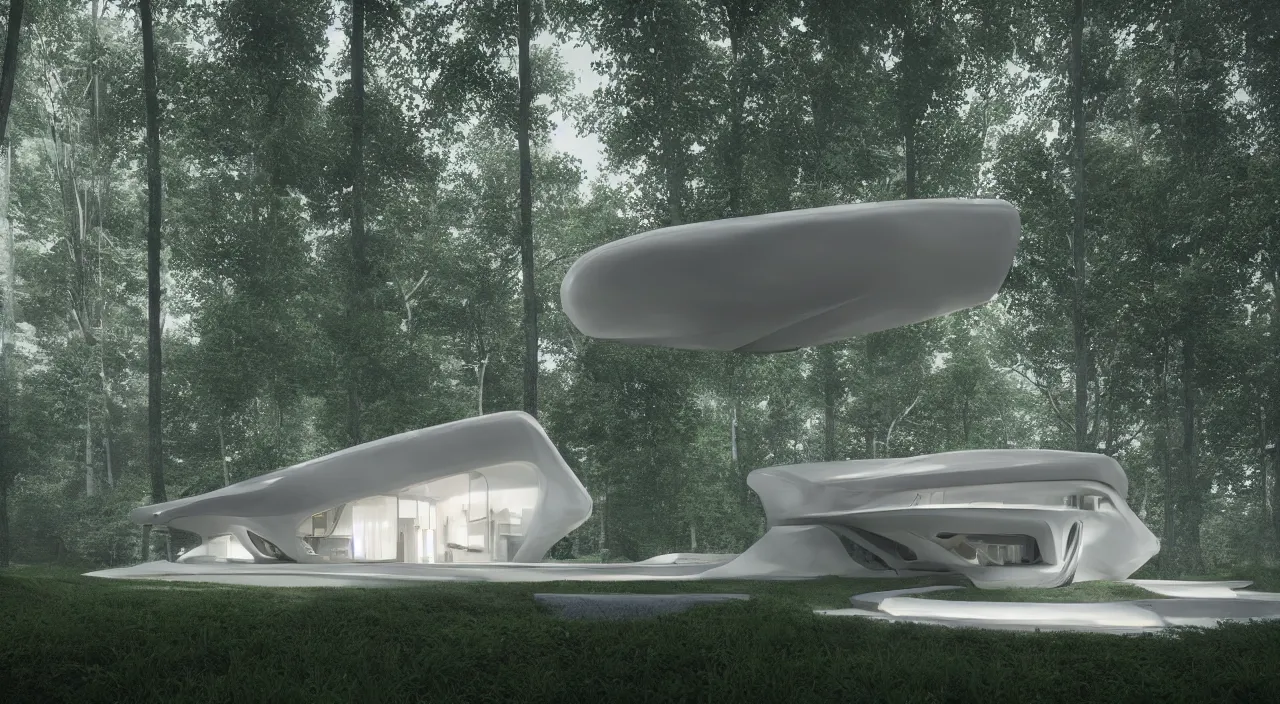 Prompt: a futuristic house sitting in the middle of the forest, unreal engine, zaha hadid, tom wright, ludwig mies van der rohe architectural designs, volumetric lighting, octane render, 8 k