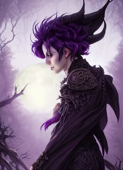 Image similar to front full detailed portrait dark witch, adventurer outfit large cloak, fantasy forest landscape, big moon, dragon scales, fantasy magic, undercut hairstyle, short purple black fade hair, dark light night, intricate, elegant, sharp focus, illustration, highly detailed, digital painting, concept art, matte, art by wlop and artgerm and greg rutkowski and alphonse mucha, masterpiece