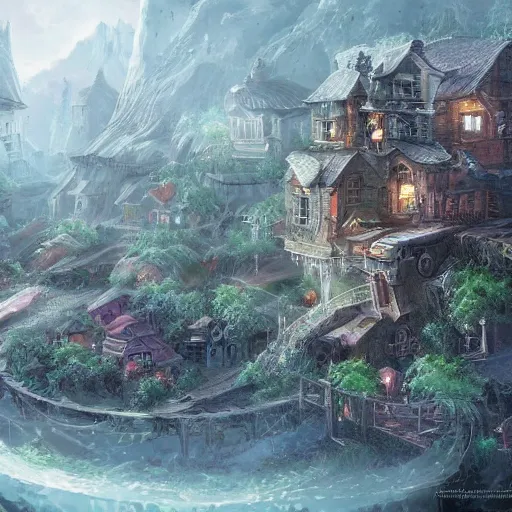 Image similar to a tiny miniscule town living on the thread of a spiders web, fantasy concept art, trending on art station, stunning visuals, creative, cinematic, ultra detailed