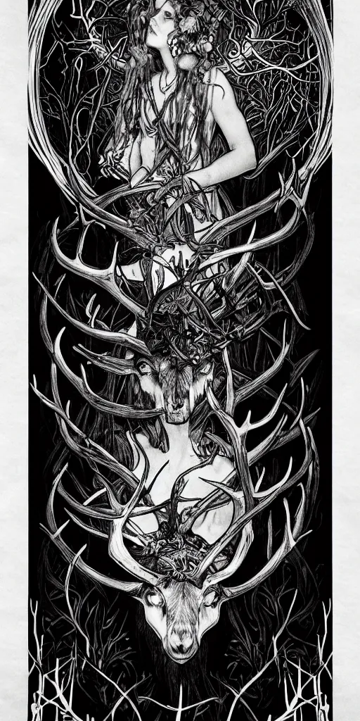 Prompt: intense glowing black metal pagan god with antlers and blood and intense glowing eyes with a goat skull in very dark forest by marco mazzoni and alphonse mucha, portrait, fantasy, clear, red and black and white, light beams, lens flare, intense, uhd, amazing depth, cinematic lighting