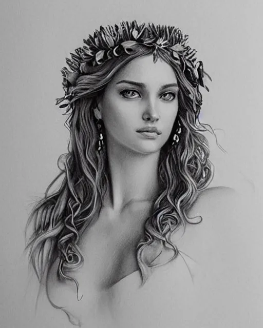 Image similar to pencil drawing of a beautiful greek goddess aphrodite wearing a laurel wreath and arrowhead earrings, beautiful confident eyes, beautiful flowing hair, hyper realistic face, in the style of artgerm, fantasy, amazing detail, epic, elegant, smooth, sharp focus, from the front, long shot