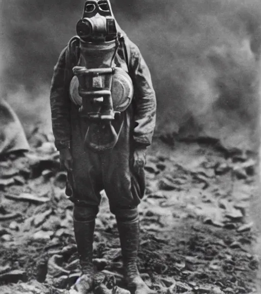 Image similar to man in a anti-radiation hazmat suit and optical gasmask, ww1 film photo, grainy, high detail, high resolution