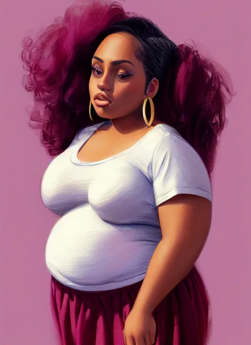 Image similar to full body portrait, teenage vanessa morgan, pink hair, brown skin, obese, curly pixie hair, sultry, realistic, short hair, hoop earrings, skirt, shirt, fat, belly, intricate, elegant, highly detailed, digital painting, artstation, concept art, smooth, sharp focus, illustration, art by wlop, mars ravelo and greg rutkowski