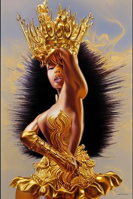 Prompt: an amazing airbrush painting of a beautiful golden queen reigning a black fantasy land, by hajime sorayama and boris vallejo, realistic, detailed, dynamic, centered, trending on artstation,