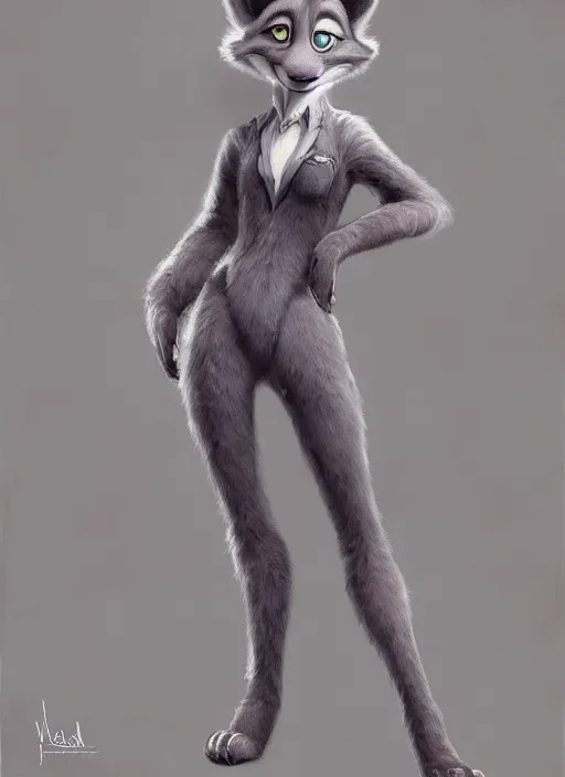 Image similar to oil painting of detailed full body of anthromorphic female wolf, in style of zootopia, zootopia, zootopia, fursona, furry, furaffinity, 4 k, deviantart, furry art, fursona art, wearing black business suit, business suit, in style of zootopia, wolf fursona, cyberpunk, female, expressive detailed feminine face,