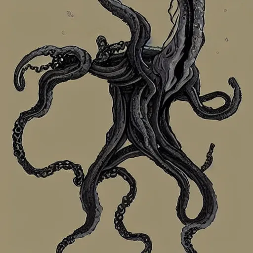 Image similar to concept designs for an end game boss that is an ethereal obsidian ghostly wraith like figure with a squid like parasite latched onto its head and long tentacle arms that flow lazily but gracefully at its sides like a cloak and chains rattling at its sides while it floats around a frozen rocky tundra in the snow searching for lost souls and that hides amongst the shadows in the trees, this character has hydrokinesis and electrokinesis for silent hill video game and inspired by the resident evil game franchise