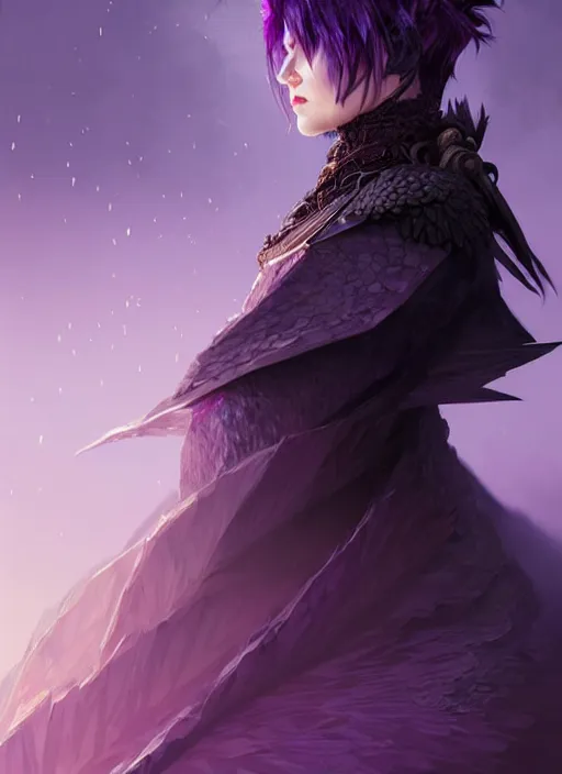 Image similar to side portrait crow, adventurer outfit large cloak, fantasy forest landscape, dragon scales, fantasy magic, undercut hairstyle, short purple black fade hair, dark light night, intricate, elegant, sharp focus, illustration, highly detailed, digital painting, concept art, matte, art by WLOP and Artgerm and Greg Rutkowski and Alphonse Mucha, masterpiece