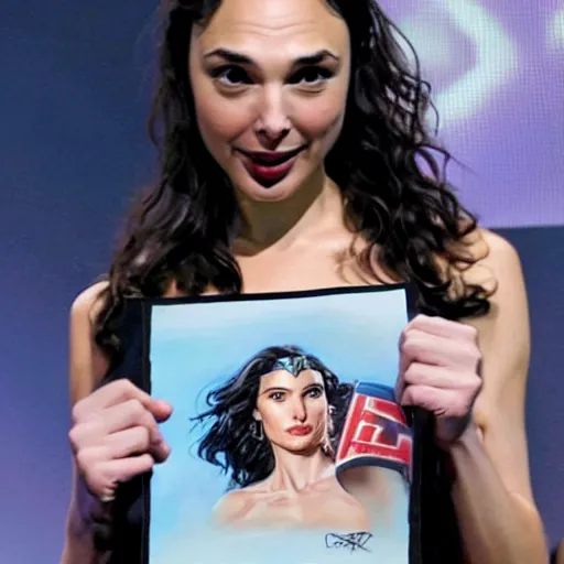 Image similar to Gal Gadot holding a sign that says M I T C H I E P O O !!!! as painted by Ralph Horsley